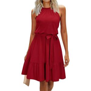 Newshows Womens 2025 Summer Dress Halter Wedding Guest Casual Beach Vacation Outfits Belted Sundresses with Pockets(Wine Red)