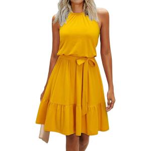 Newshows Womens 2025 Summer Dress Halter Wedding Guest Casual Beach Vacation Outfits Belted Sundresses with Pockets(Yellow)