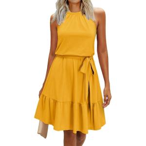 Newshows Womens 2025 Summer Dress Halter Wedding Guest Casual Beach Vacation Outfits Belted Sundresses with Pockets(Yellow-1)