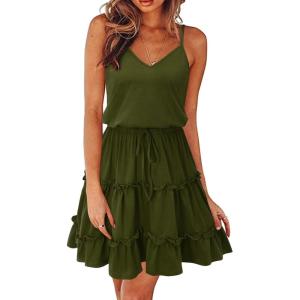 Newshows Women’s 2025 Summer Dress Spaghetti Strap Casual Boho Beach Vacation Outfits Drawstring Ruffle Hem Sundress Trendy(Army Green)