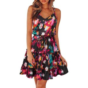 Newshows Women’s 2025 Summer Dress Spaghetti Strap Casual Boho Beach Vacation Outfits Drawstring Ruffle Hem Sundress Trendy(Black Floral Fuzzy)