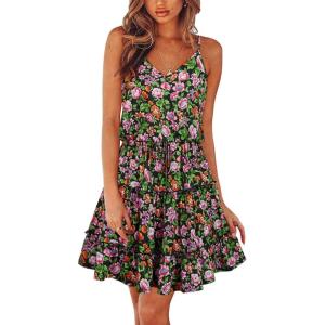 Newshows Women’s 2025 Summer Dress Spaghetti Strap Casual Boho Beach Vacation Outfits Drawstring Ruffle Hem Sundress Trendy(Black Floral Pink)