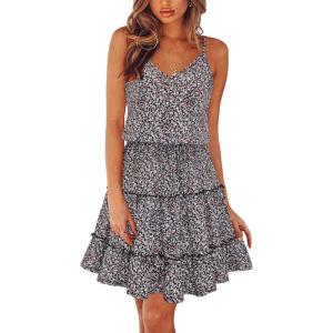 Newshows Women’s 2025 Summer Dress Spaghetti Strap Casual Boho Beach Vacation Outfits Drawstring Ruffle Hem Sundress Trendy(Black Floral White)