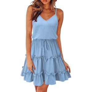 Newshows Women’s 2025 Summer Dress Spaghetti Strap Casual Boho Beach Vacation Outfits Drawstring Ruffle Hem Sundress Trendy(Blue)