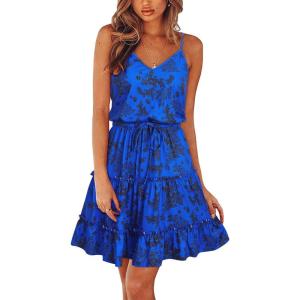Newshows Women’s 2025 Summer Dress Spaghetti Strap Casual Boho Beach Vacation Outfits Drawstring Ruffle Hem Sundress Trendy(Blue Floral Black)