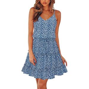 Newshows Women’s 2025 Summer Dress Spaghetti Strap Casual Boho Beach Vacation Outfits Drawstring Ruffle Hem Sundress Trendy(Blue Floral White)