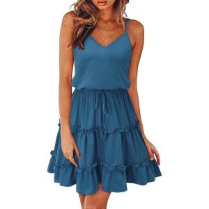 Newshows Women’s 2025 Summer Dress Spaghetti Strap Casual Boho Beach Vacation Outfits Drawstring Ruffle Hem Sundress Trendy(Blue-1)