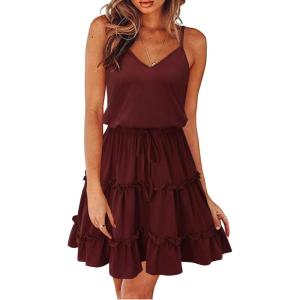 Newshows Women’s 2025 Summer Dress Spaghetti Strap Casual Boho Beach Vacation Outfits Drawstring Ruffle Hem Sundress Trendy(Dark Red)
