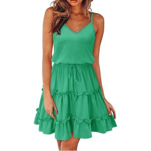 Newshows Women’s 2025 Summer Dress Spaghetti Strap Casual Boho Beach Vacation Outfits Drawstring Ruffle Hem Sundress Trendy(Grass Green)