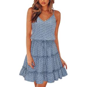 Newshows Women’s 2025 Summer Dress Spaghetti Strap Casual Boho Beach Vacation Outfits Drawstring Ruffle Hem Sundress Trendy(Gray Blue Floral White)