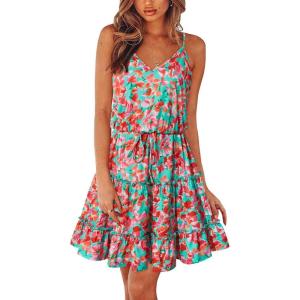 Newshows Women’s 2025 Summer Dress Spaghetti Strap Casual Boho Beach Vacation Outfits Drawstring Ruffle Hem Sundress Trendy(Green Floral Red)