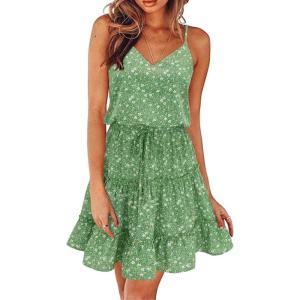 Newshows Women’s 2025 Summer Dress Spaghetti Strap Casual Boho Beach Vacation Outfits Drawstring Ruffle Hem Sundress Trendy(Green White Floral)