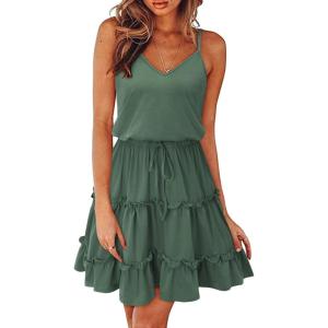 Newshows Women’s 2025 Summer Dress Spaghetti Strap Casual Boho Beach Vacation Outfits Drawstring Ruffle Hem Sundress Trendy(Grey Green)