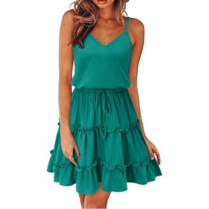Newshows Women’s 2025 Summer Dress Spaghetti Strap Casual Boho Beach Vacation Outfits Drawstring Ruffle Hem Sundress Trendy(Lake Green)