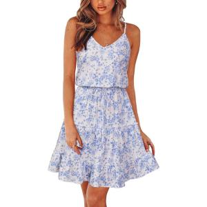 Newshows Women’s 2025 Summer Dress Spaghetti Strap Casual Boho Beach Vacation Outfits Drawstring Ruffle Hem Sundress Trendy(Light Blue Floral White)