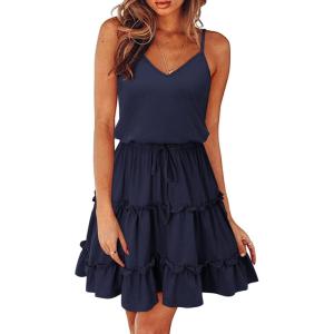 Newshows Women’s 2025 Summer Dress Spaghetti Strap Casual Boho Beach Vacation Outfits Drawstring Ruffle Hem Sundress Trendy(Navy)