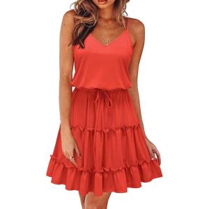 Newshows Women’s 2025 Summer Dress Spaghetti Strap Casual Boho Beach Vacation Outfits Drawstring Ruffle Hem Sundress Trendy(Orange)