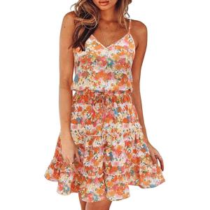 Newshows Women’s 2025 Summer Dress Spaghetti Strap Casual Boho Beach Vacation Outfits Drawstring Ruffle Hem Sundress Trendy(Orange White Floral)