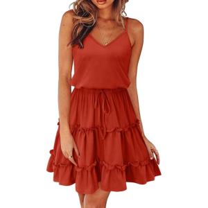 Newshows Women’s 2025 Summer Dress Spaghetti Strap Casual Boho Beach Vacation Outfits Drawstring Ruffle Hem Sundress Trendy(Orange-1)