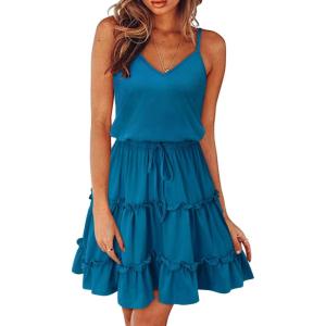 Newshows Women’s 2025 Summer Dress Spaghetti Strap Casual Boho Beach Vacation Outfits Drawstring Ruffle Hem Sundress Trendy(Peacock Blue)