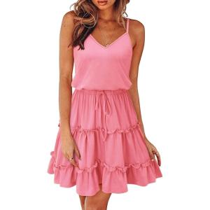 Newshows Women’s 2025 Summer Dress Spaghetti Strap Casual Boho Beach Vacation Outfits Drawstring Ruffle Hem Sundress Trendy(Pink)