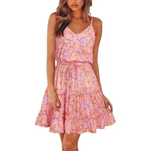 Newshows Women’s 2025 Summer Dress Spaghetti Strap Casual Boho Beach Vacation Outfits Drawstring Ruffle Hem Sundress Trendy(Pink Floral Purple)