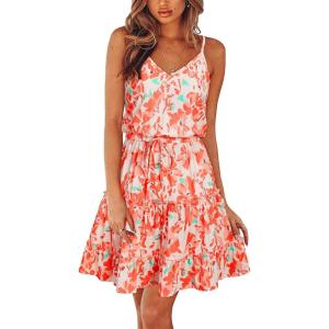 Newshows Women’s 2025 Summer Dress Spaghetti Strap Casual Boho Beach Vacation Outfits Drawstring Ruffle Hem Sundress Trendy(Pink Floral Red)