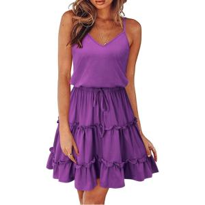 Newshows Women’s 2025 Summer Dress Spaghetti Strap Casual Boho Beach Vacation Outfits Drawstring Ruffle Hem Sundress Trendy(Purple)