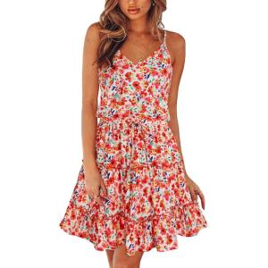 Newshows Women’s 2025 Summer Dress Spaghetti Strap Casual Boho Beach Vacation Outfits Drawstring Ruffle Hem Sundress Trendy(Red Floral Purple)