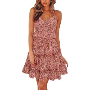 Newshows Women’s 2025 Summer Dress Spaghetti Strap Casual Boho Beach Vacation Outfits Drawstring Ruffle Hem Sundress Trendy(Red Floral White)