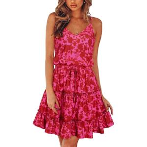Newshows Women’s 2025 Summer Dress Spaghetti Strap Casual Boho Beach Vacation Outfits Drawstring Ruffle Hem Sundress Trendy(Rose Floral Red)