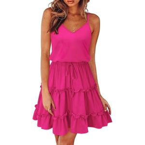 Newshows Women’s 2025 Summer Dress Spaghetti Strap Casual Boho Beach Vacation Outfits Drawstring Ruffle Hem Sundress Trendy(Rose Red)
