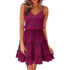 Newshows Women’s 2025 Summer Dress Spaghetti Strap Casual Boho Beach Vacation Outfits Drawstring Ruffle Hem Sundress Trendy(Rose Red-1)