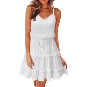 Newshows Women’s 2025 Summer Dress Spaghetti Strap Casual Boho Beach Vacation Outfits Drawstring Ruffle Hem Sundress Trendy(White)