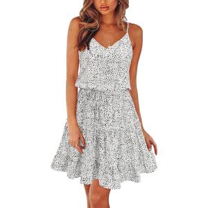 Newshows Women’s 2025 Summer Dress Spaghetti Strap Casual Boho Beach Vacation Outfits Drawstring Ruffle Hem Sundress Trendy(White Floral Polka Dot)