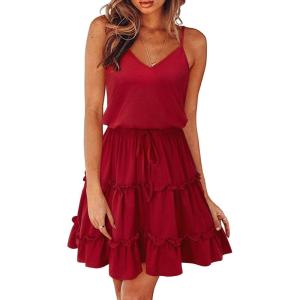 Newshows Women’s 2025 Summer Dress Spaghetti Strap Casual Boho Beach Vacation Outfits Drawstring Ruffle Hem Sundress Trendy(Wine Red)