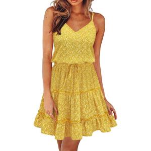 Newshows Women’s 2025 Summer Dress Spaghetti Strap Casual Boho Beach Vacation Outfits Drawstring Ruffle Hem Sundress Trendy(Yellow White Floral)