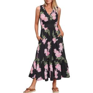 Newshows Women’s 2025 Summer Dress Vacation V Neck Sleeveless Midi Dress Tiered Tank Swing Sundress with Pockets(Black Floral)