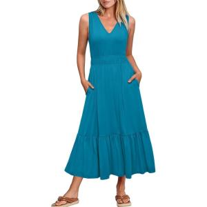 Newshows Women’s 2025 Summer Dress Vacation V Neck Sleeveless Midi Dress Tiered Tank Swing Sundress with Pockets(Blue)