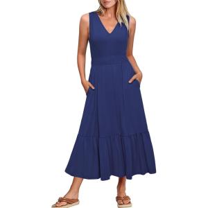Newshows Women’s 2025 Summer Dress Vacation V Neck Sleeveless Midi Dress Tiered Tank Swing Sundress with Pockets(Navy)