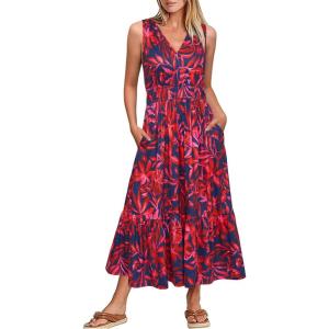 Newshows Women’s 2025 Summer Dress Vacation V Neck Sleeveless Midi Dress Tiered Tank Swing Sundress with Pockets(Navy Floral)