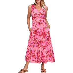 Newshows Women’s 2025 Summer Dress Vacation V Neck Sleeveless Midi Dress Tiered Tank Swing Sundress with Pockets(Pink Floral)