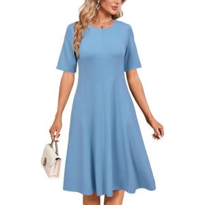 Newshows Womens 2025 Summer Teacher Work Modest Dresses Ultra Soft Short Sleeve Midi Old Money Clothes Business Casual Dress(Light Blue)