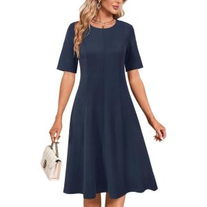 Newshows Womens 2025 Summer Teacher Work Modest Dresses Ultra Soft Short Sleeve Midi Old Money Clothes Business Casual Dress(Navy)