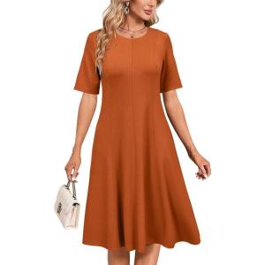 Newshows Womens 2025 Summer Teacher Work Modest Dresses Ultra Soft Short Sleeve Midi Old Money Clothes Business Casual Dress(Orange)