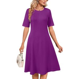 Newshows Womens 2025 Summer Teacher Work Modest Dresses Ultra Soft Short Sleeve Midi Old Money Clothes Business Casual Dress(Purple)