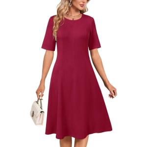 Newshows Womens 2025 Summer Teacher Work Modest Dresses Ultra Soft Short Sleeve Midi Old Money Clothes Business Casual Dress(Wine Red)