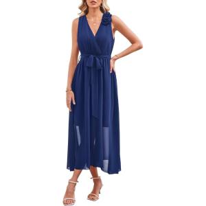 Newshows Womens 2025 Summer Wedding Guest Bridesmaid V Neck Sleeveless Long Formal Evening Party Maxi Dress(Dark Blue)