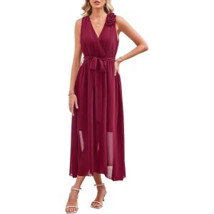Newshows Womens 2025 Summer Wedding Guest Bridesmaid V Neck Sleeveless Long Formal Evening Party Maxi Dress(Dark Red)