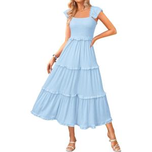 Newshows Women’s 2025 Summer Wedding Guest Dress Ruffle Sleeve Smocked Square Neck Long Flowy Tiered Maxi Sundress(Light Blue)